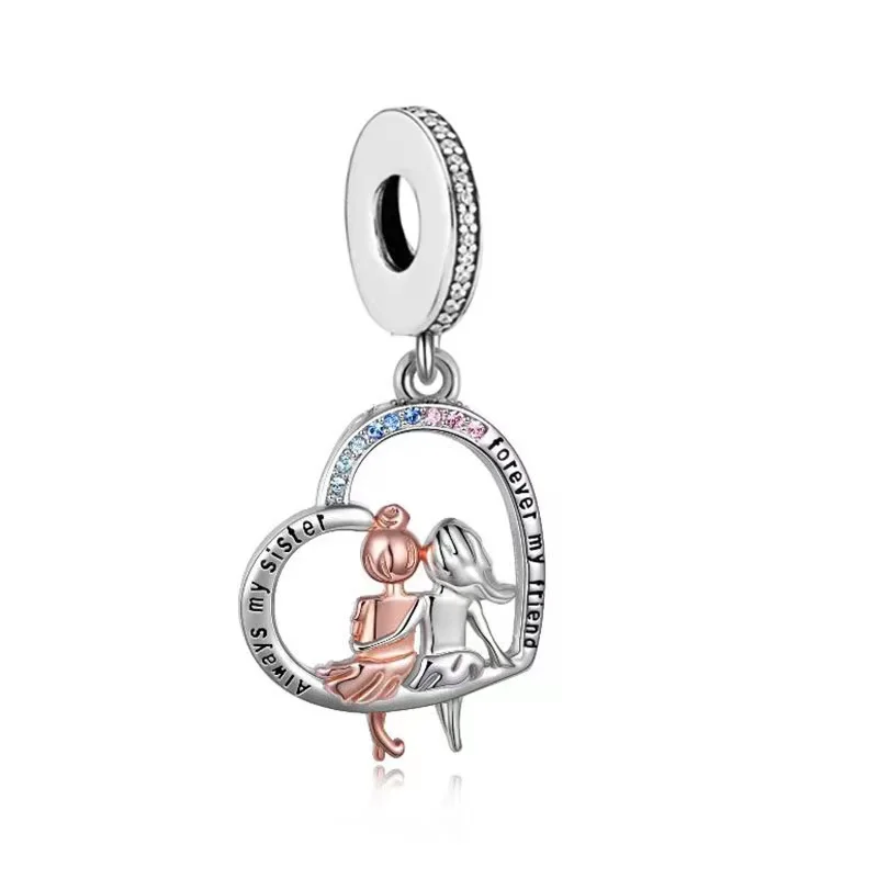 Huoonew Fit Original Pan Charm Armband, authentisches 925er Sterlingsilber, Perle „Zwei Schwestern umarmen sich, lieben sich“, für die Herstellung von Berloque – Detail 21