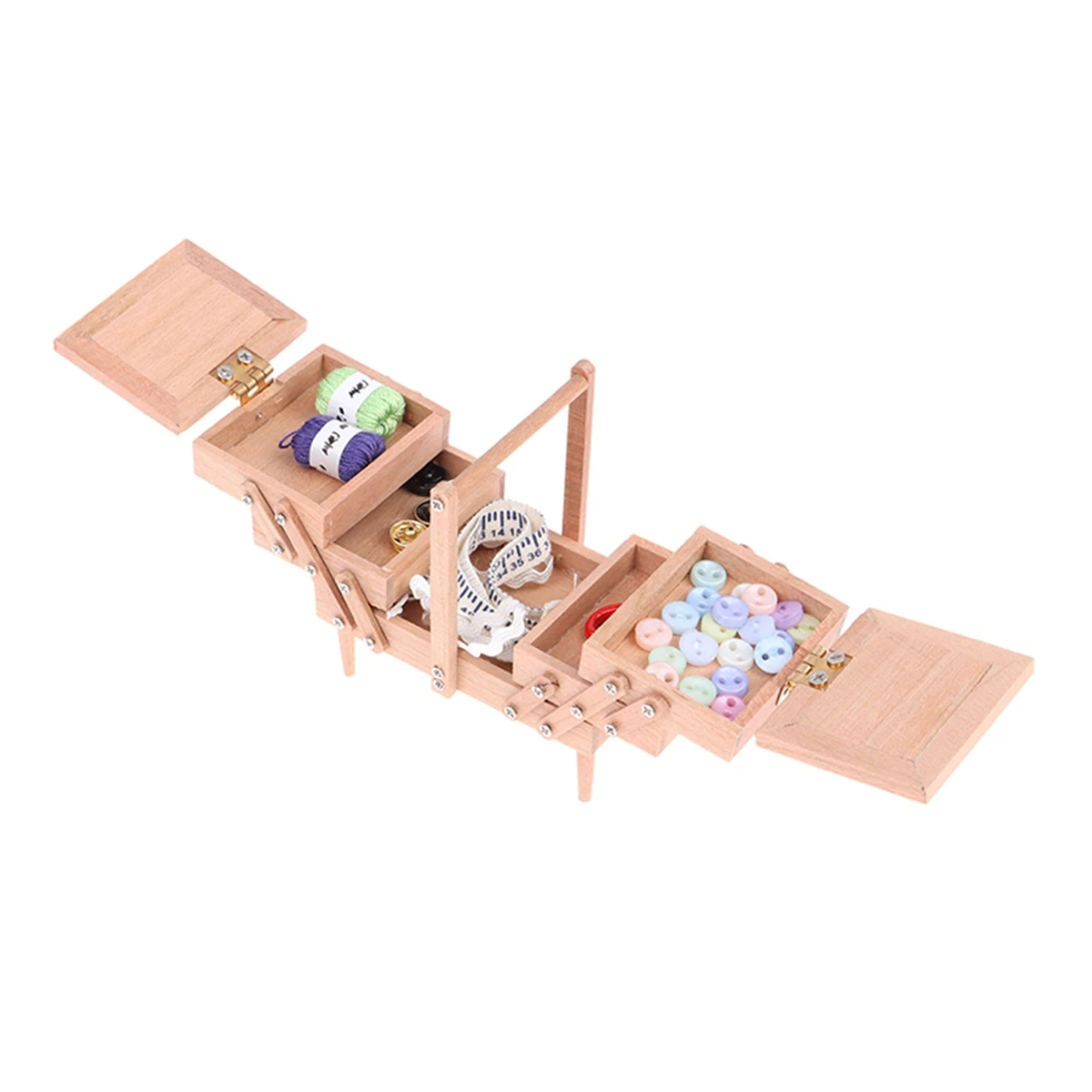 1:12 Dollhouse Miniature Wooden Multi-Storey Antique Sewing Supplies Box with Needle Scissors Knitting Tool Tailor Set