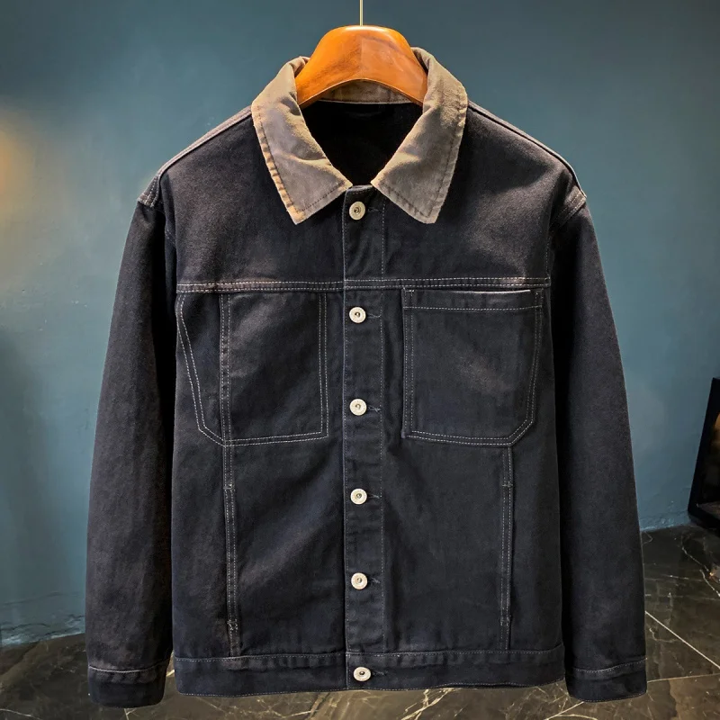 

Autumn men's denim jacket with trendy splicing and contrasting colors, featuring a loose and washed denim jacket for casual wear