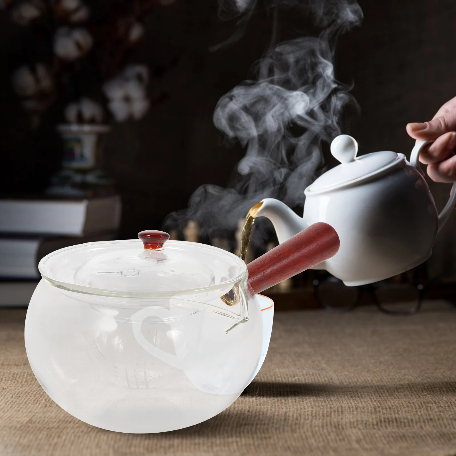 

Heat Resistant Glass Teapot 300ML Small Side H Borosilicate Tea Kettle Wood Coffee Pot Home Office Use Loose Leaf Japanese