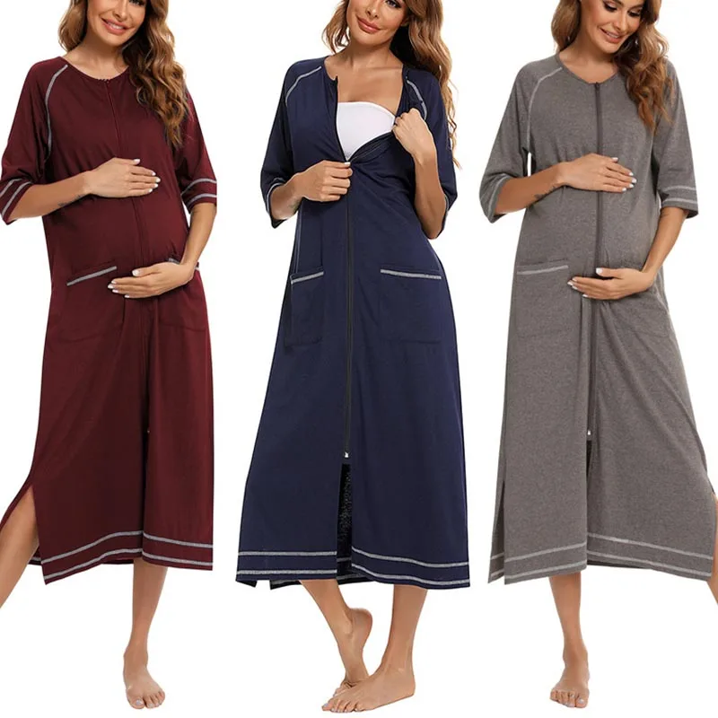 

New Maternity Pajamas Pregnant Women Short Sleeve Pregnancy Nightwear Nursing Zipper Nightgown Mother Breastfeeding Nightdress