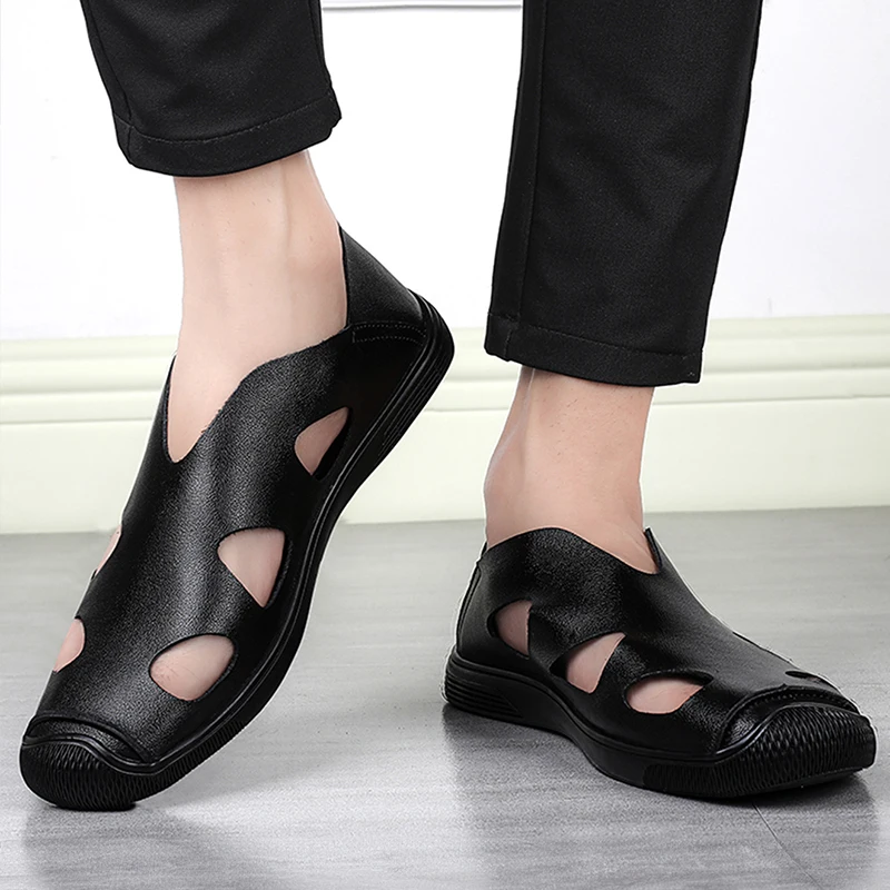 Leather Oxford Footwear Sandals Men\'s Summer Breathable Soft Soled Hollow Shoes Slip on Baotou Casual Leather Sandals Fashion