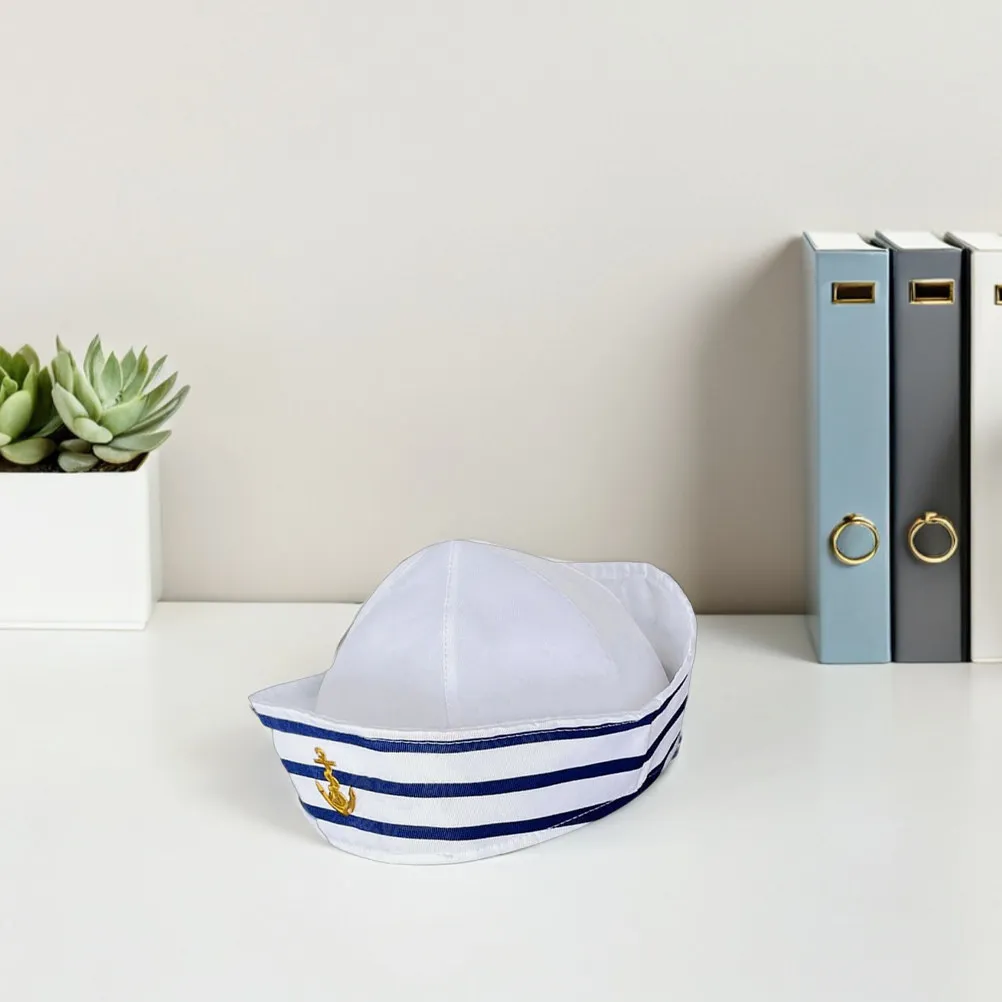 Sailor Hat Blue White Striped Nautical Captain Cap Adult Size 58Cm Dome Brim Sun Protective Secure Fit for Cosplay Halloween