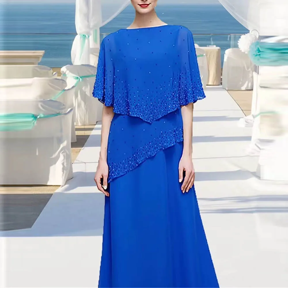 

Customized Long Chiffon Mother Of Bride Dress With Cape Hot Stamping Tiered Formal Evening Gown Elegant Wedding Party Dresses