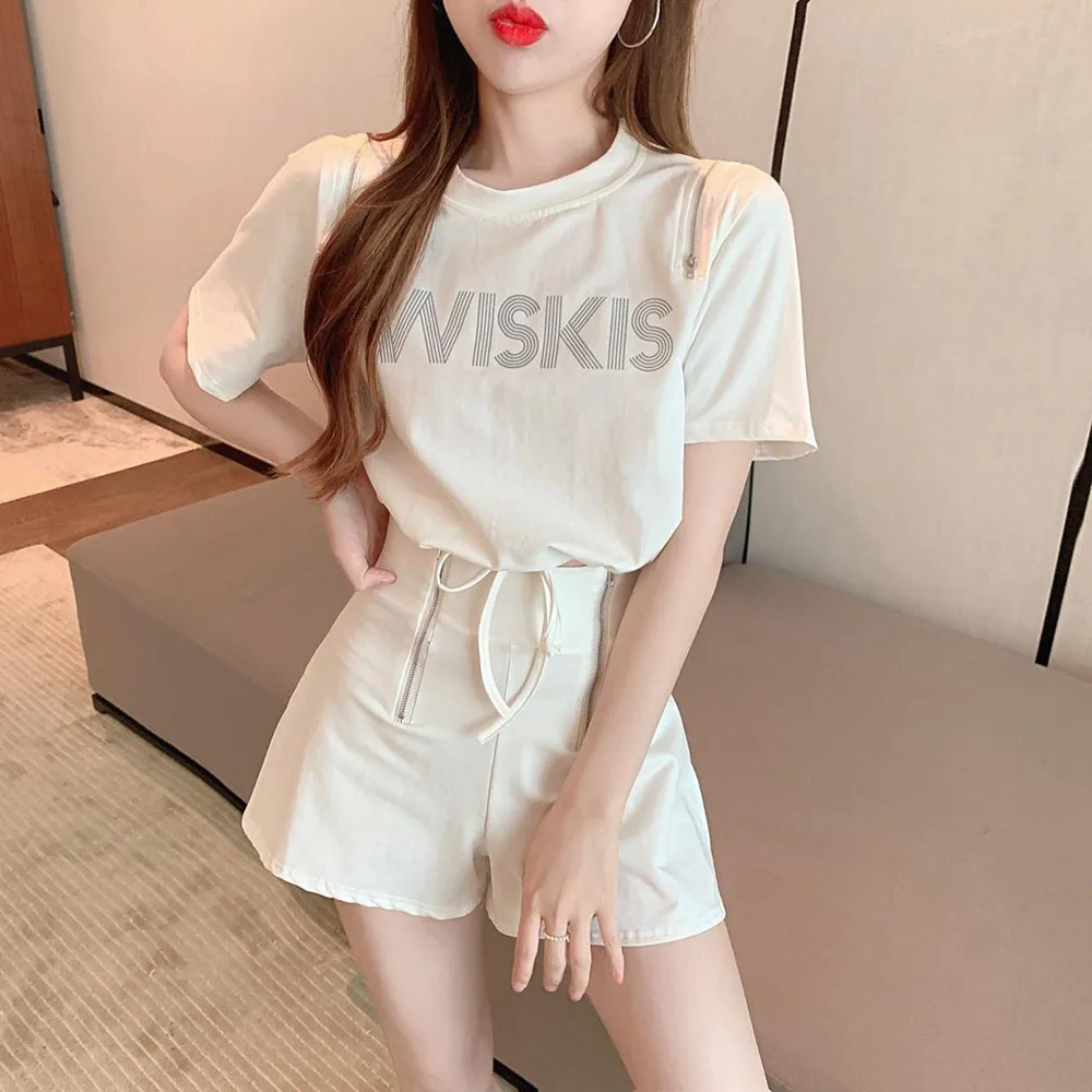 Summer Zipper Show Shoulder Hot Drill Short Sleeve Tops + Women's Casual Loose Shorts Set Chic T Shirt Shorts 2 Piece Sets Woman