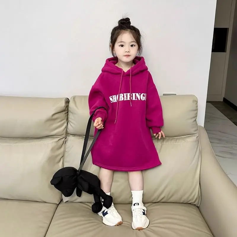 

Girls' Winter Fleece-Lined Pitaya Skin-Brightening Premium Letter Hooded Midi Sweatshirt Dress for 4-12Y
