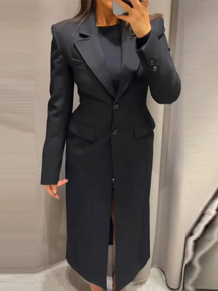 Elegant Black Blazer Long Coat Women Slim Lapel Single Breasted Long Sleeve Pocket Jacket Female 2025 Spring Shoulder Pads Coats