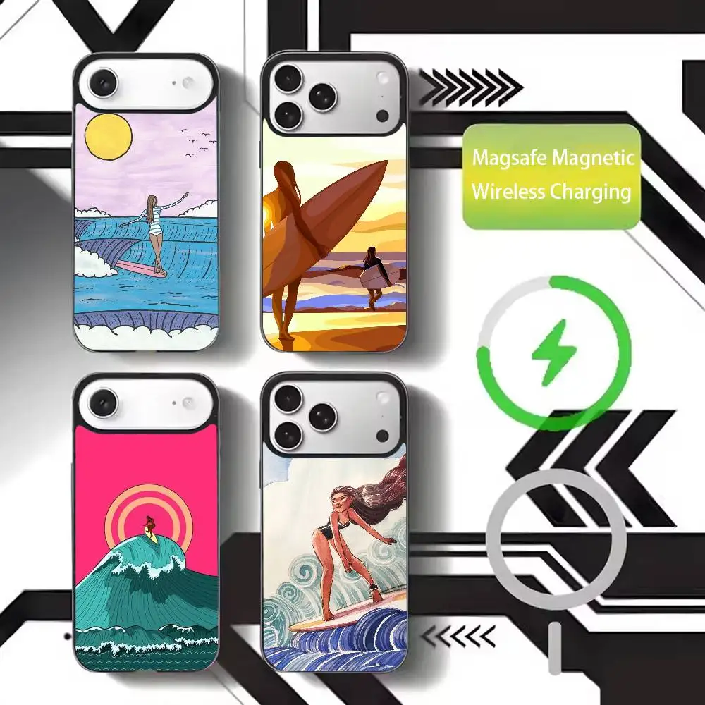 

Surfboard Surfing Art Surf Girl Phone Case For iPhone17,16,15,14,13,12,11 Plus,Pro Max Magnetic For Magsafe Wireless Charging