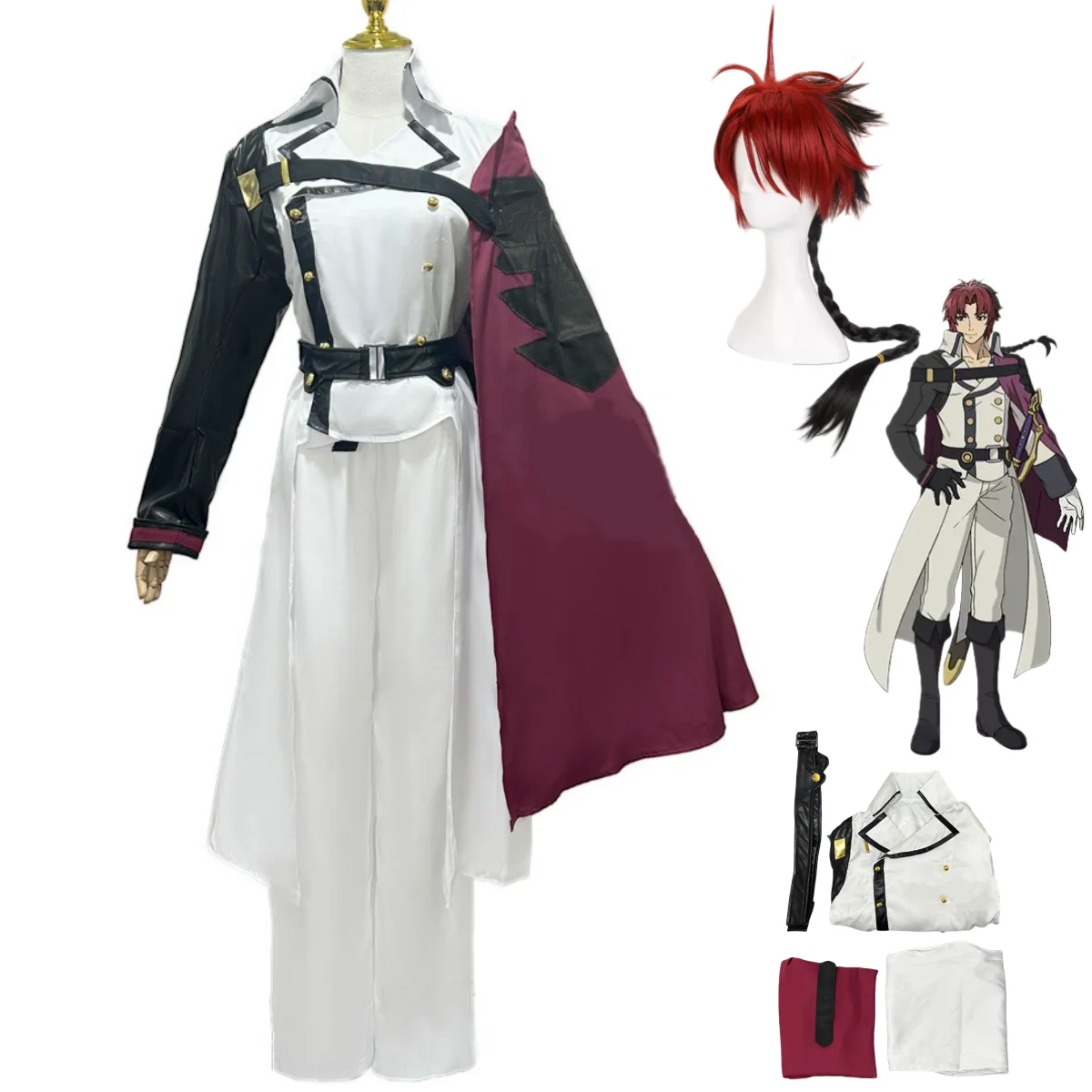 Disfraz de Cosplay de Anime Seraph of The End Crowley Eusford, capa roja, uniforme militar, conjunto completo de peluca para hombre, traje de Navidad de Halloween 2025