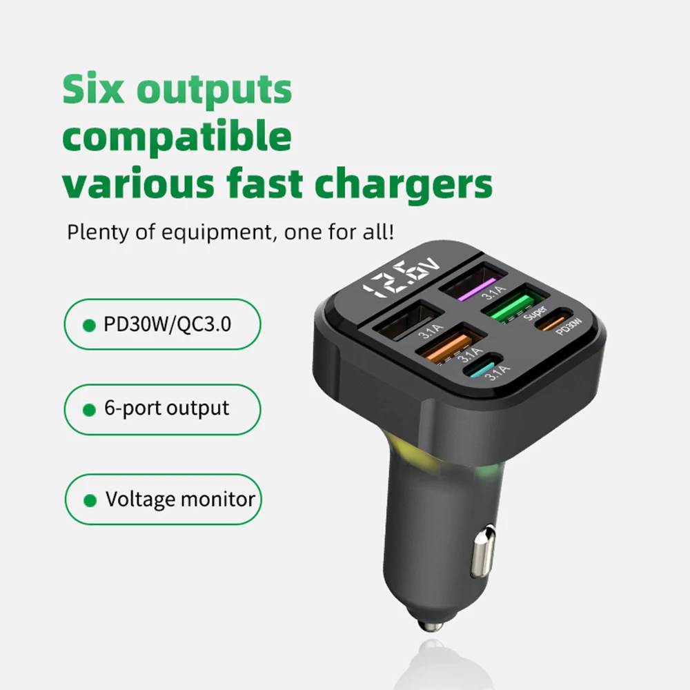 Cargador de coche de 6 puertos de carga rápida PD 30W QC3.0 USB C cargador de teléfono de coche Universal adaptador tipo C en coche para iPhone Samsung Huawei