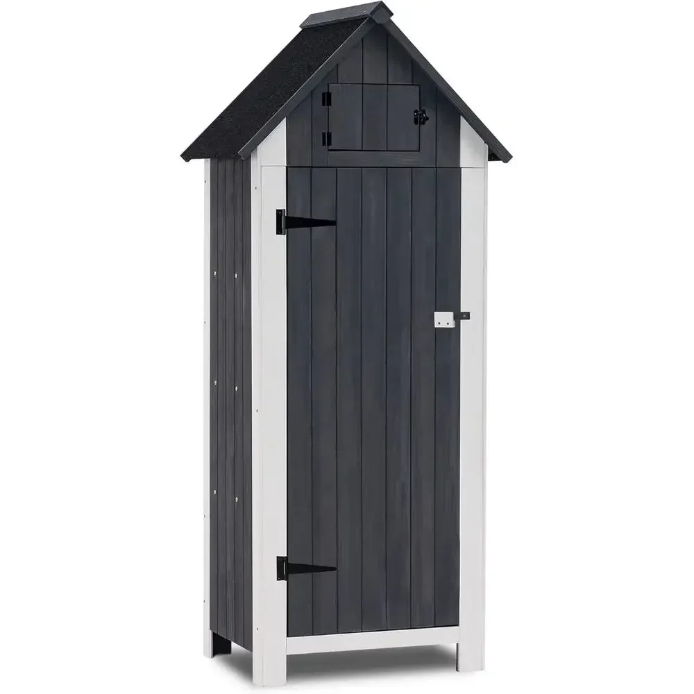 Gray Outdoor Wooden Storage Cabinet with Floor for Garden Tools and Patio Lawn