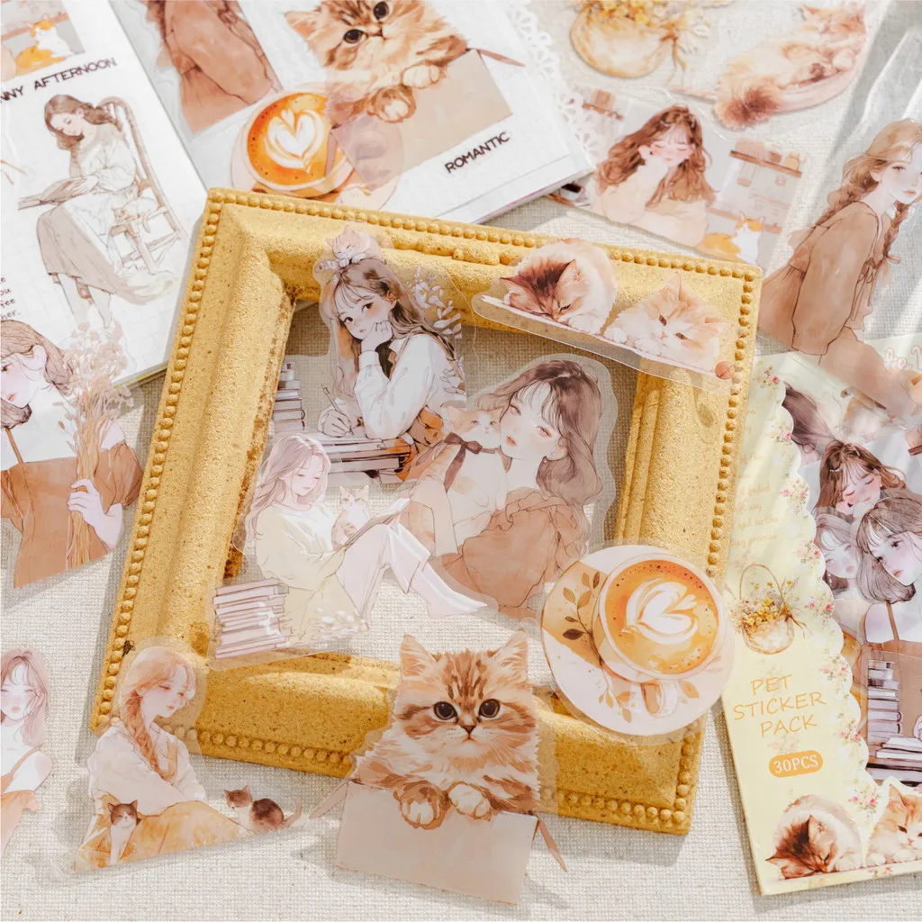 Journamm 30pcs/pack Meow and Girl Stickers DIY Scrapbooking Collage Junk Journal Creative Stationery Craft  Stickers