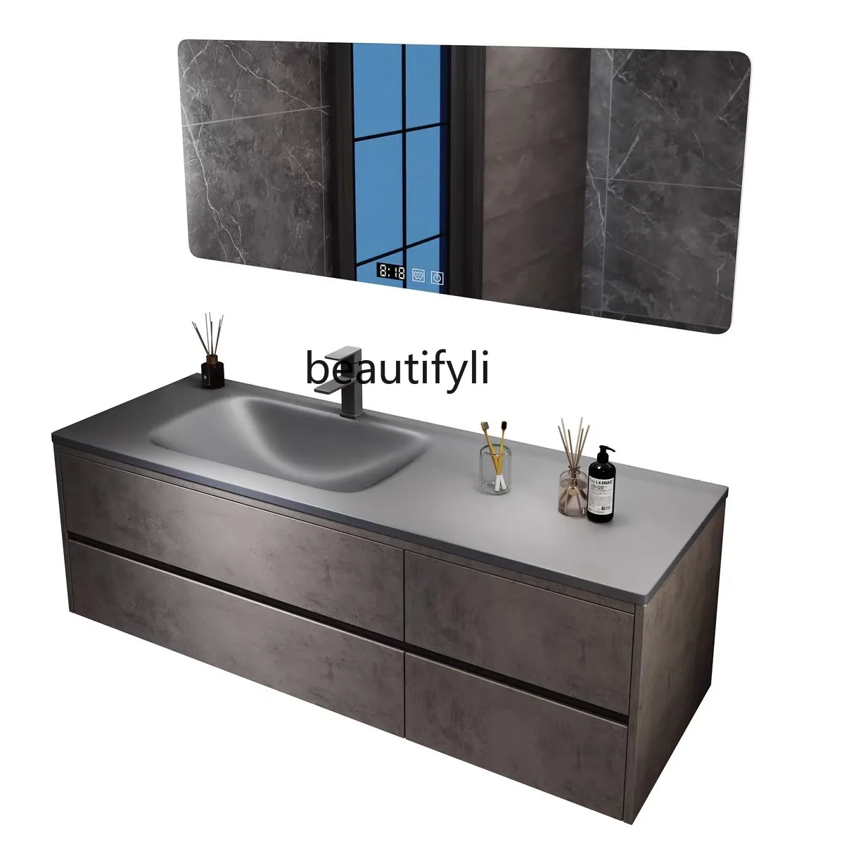 Modern light luxury bathroom cabinet combination rock slab hot bending seamless integrated basin smart mirror cabinet washstand