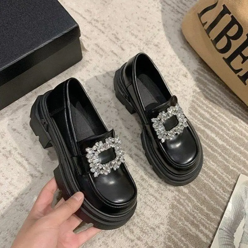 NEW Brand Rhinestone Buckle Shoes Ladies 2024 Thicken Soled Flats Japanned Leather Oxfords Women Casual Slip On Lolita Shoes