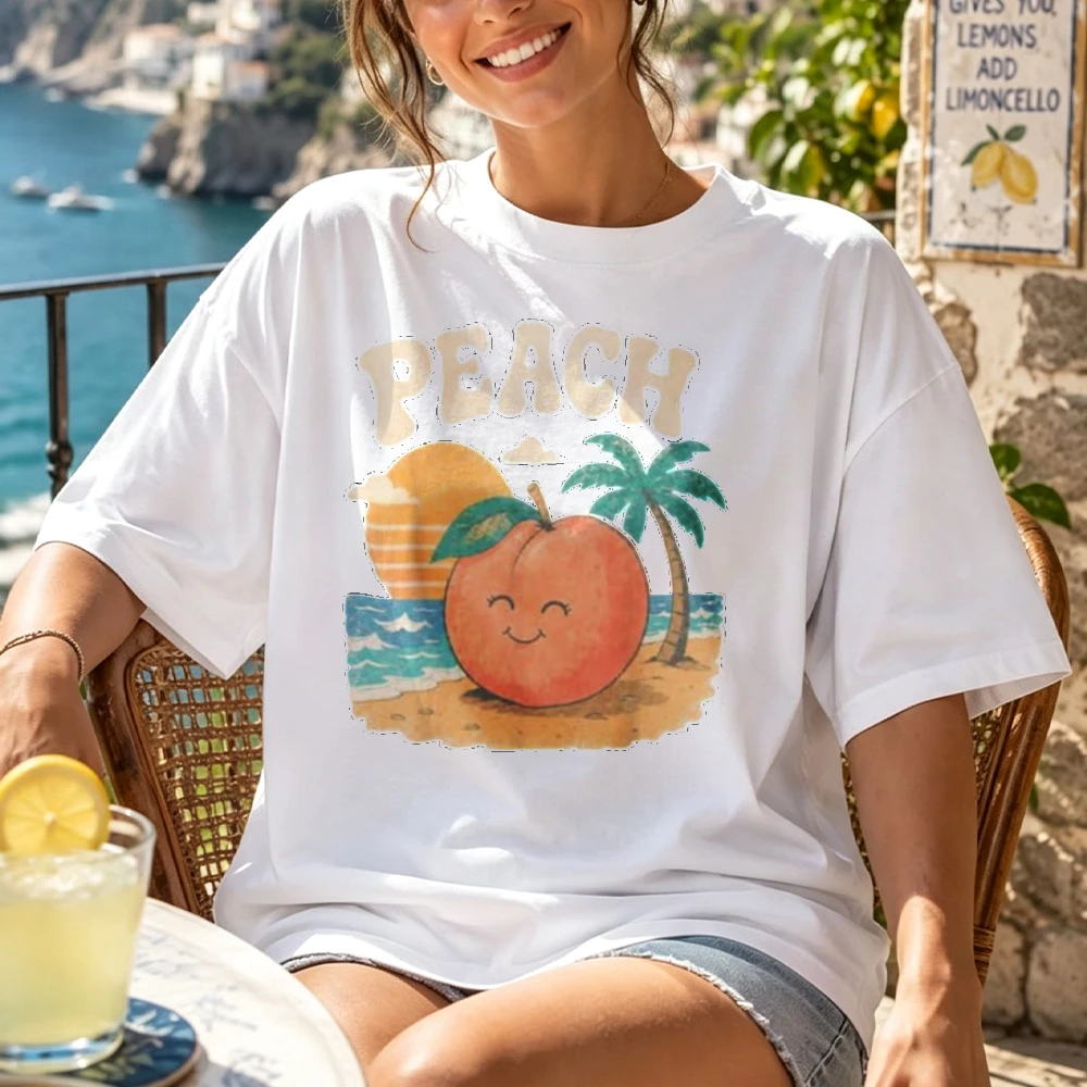 Cartoon Peach Beach Scene Crew Neck Short Sleeve T Shirt Summer Retro Cute Fruit Sunset Design Digital Print Kawaii Y2k Clothes