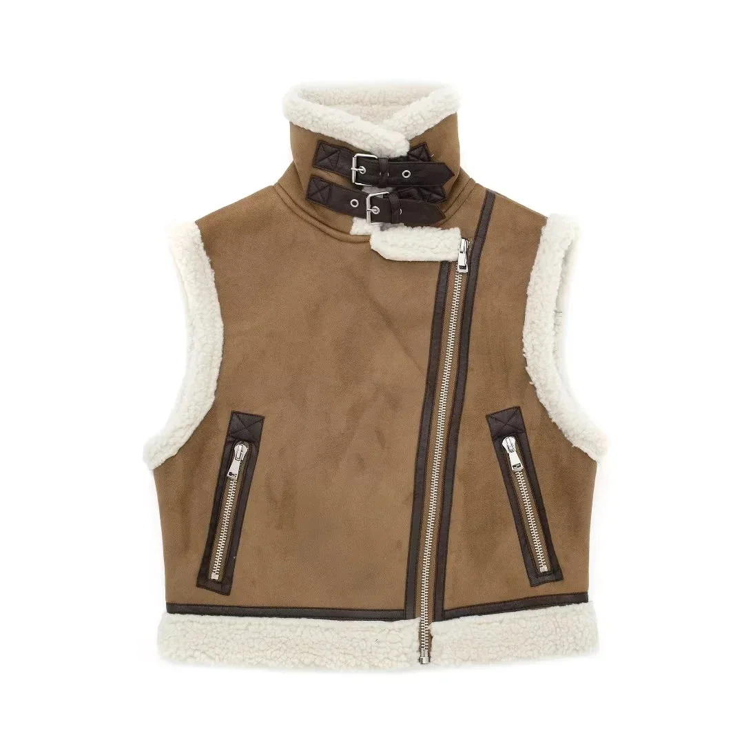 2023 Autumn Female Fashion Faux Leather Lambswool Patchwork Sleeveless Vest Jacket Thickening Warm Zip Waistcoats Coat