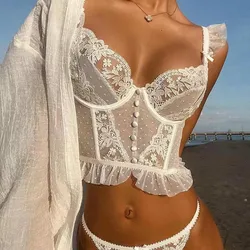 French Sexy Women's Ruffle Corset Set Push Up Brassiere Cute Lace Transparent Bra Panty Sets Wedding Party White Thin Underwear