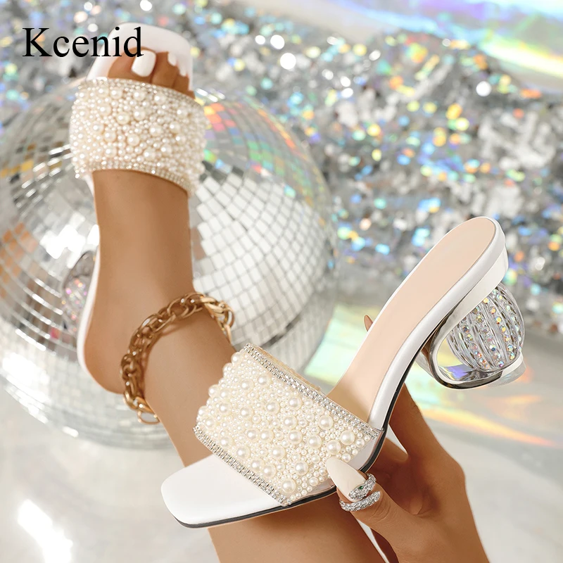 

Kcenid Fashion White Pearl Designer Summer Open Toe Slippers Crystal Diamond Round Heels Sandals Ladies Shoes High Heels Mules