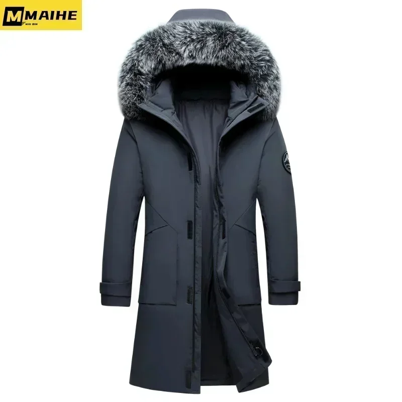 2024 Winter Long Down Jacket For Men's Brand Casual Fur Collar Hooded White Duck Down Warm Coat For Men's Clothing Winter Jacket