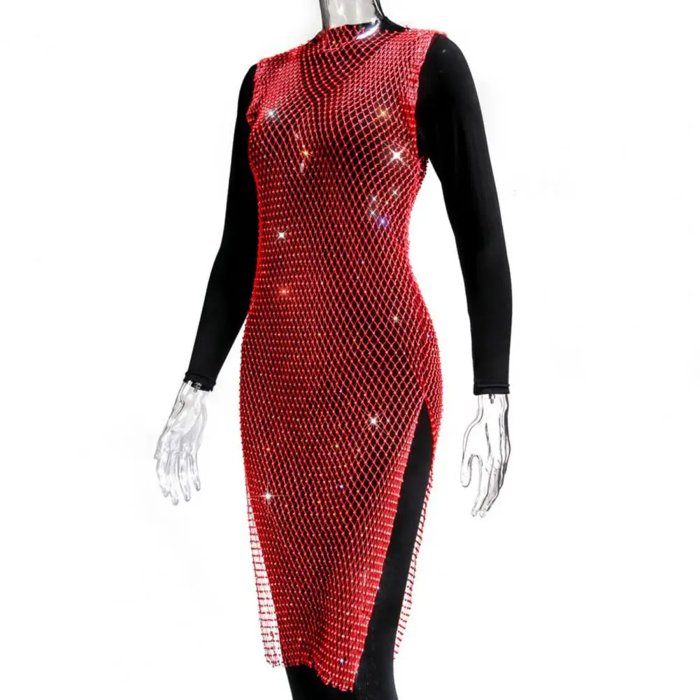 Shiny Rhinestone Fishnet Dress Women Sexy Side Split Hollow Beach Cover Up Dress Sleeveless Sequins Party Bikini Dress