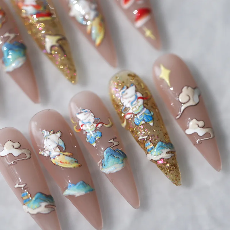 Auspicious Clouds Stars Rabbit Fairy Chinese Mythology 5D Embossed Reliefs Self Adhesive Nail Art Stickers Cute Manicure Decals