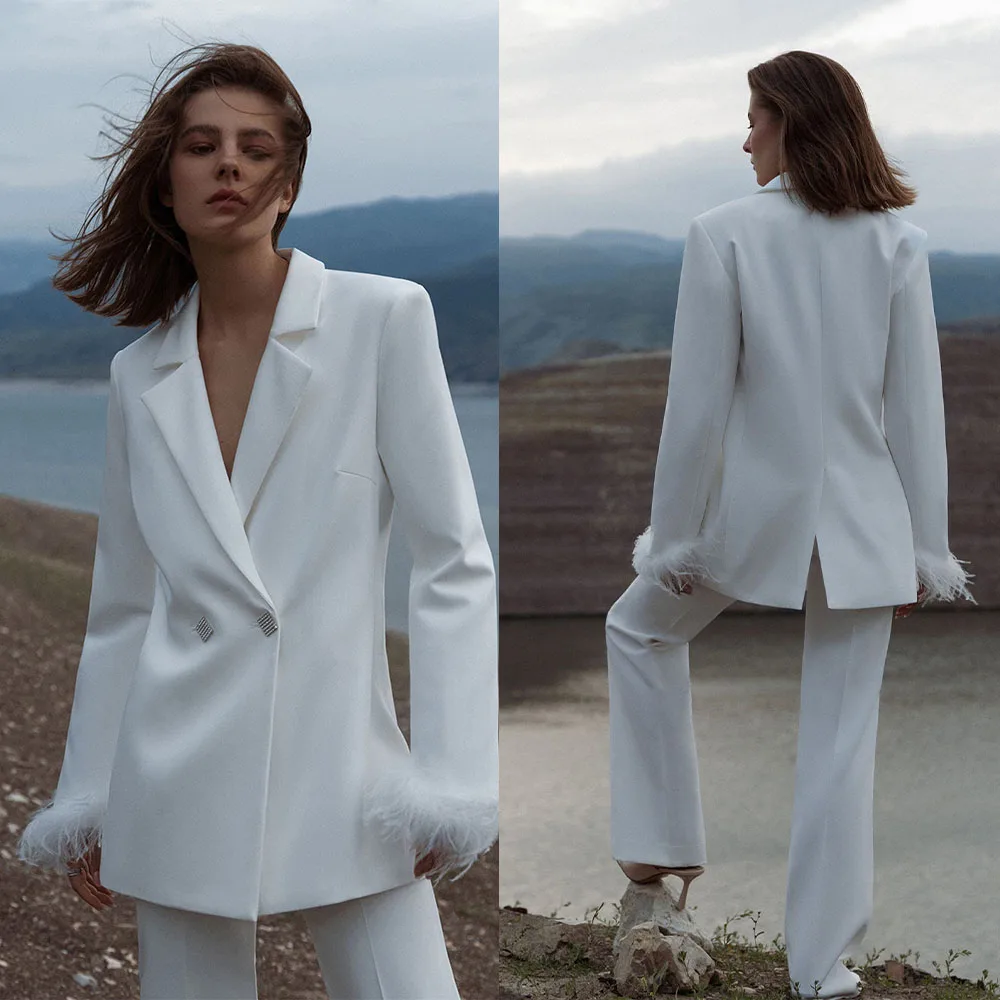 White 2 Pieces Modern Women Suits Blazer Pants Wide+Leg One Button Feather Work Wear Mother Of The Bride Work Wear Tailored