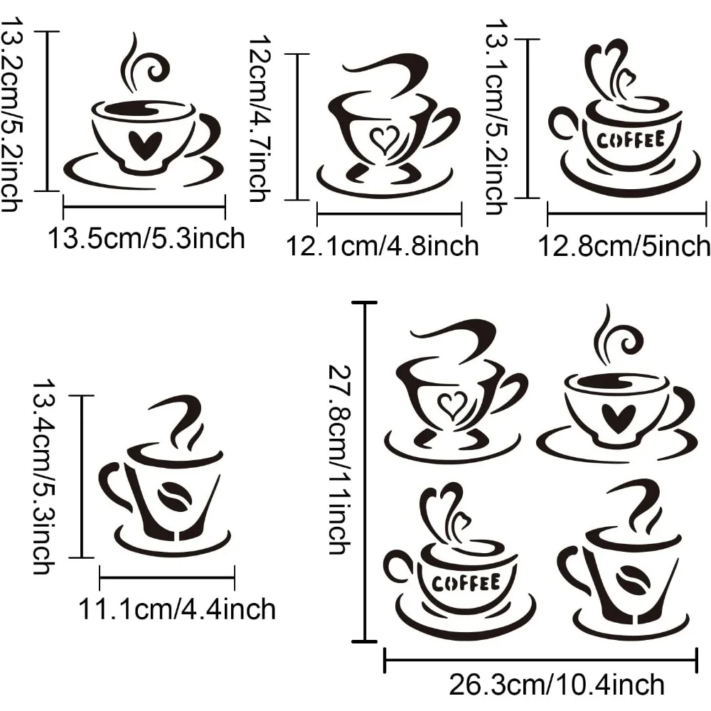 4 Styles Coffee Cup Stencil Coffee Drawing Template 11.8×11.8inch Reusable PET Plastic Painting Templates for Coffee