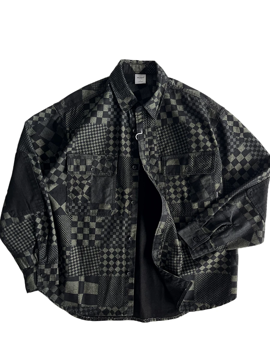 

Ретро-рубашка в клетку с нашивками, свободного кроя, с воротником, для мужчин и молодежи, модная, винтажная, с длинным рукавом, на пуговицах