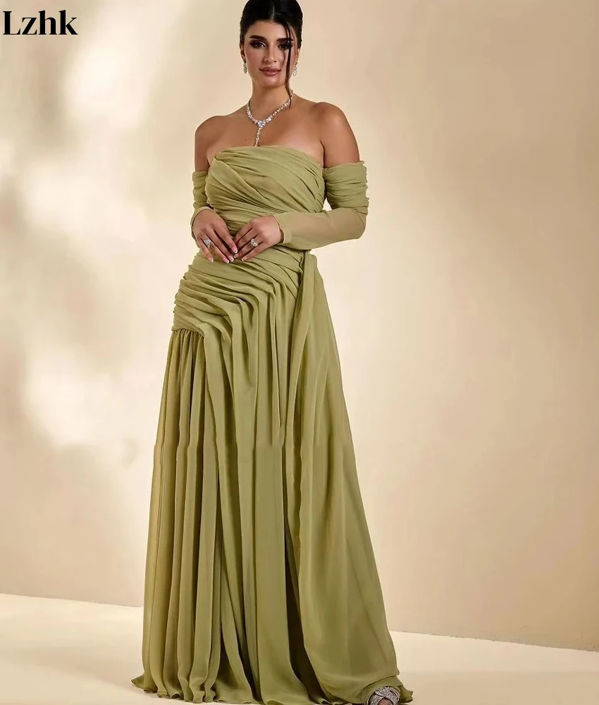 Vestido de noche personalizado de gasa Sexy con hombros descubiertos, vestidos de fiesta hasta el suelo de manga larga sin tirantes de alta calidad