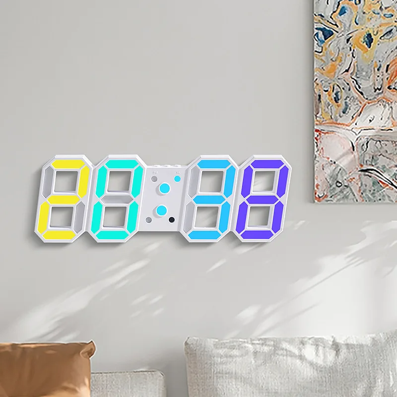 3D LED Wall Clock Watch Clock RGB Digital Modern Design Living Room Decor Temperature Table Alarm Nightlight Luminous Desktop