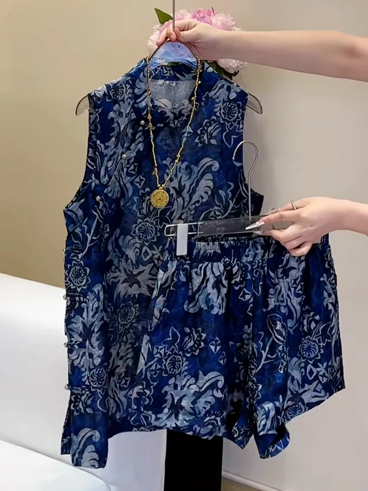 

Retro Chinese Sle Stand Collar Svel Women's Set Summer Trendy Agel ort Pants Two-Piece Suit Casual Faion