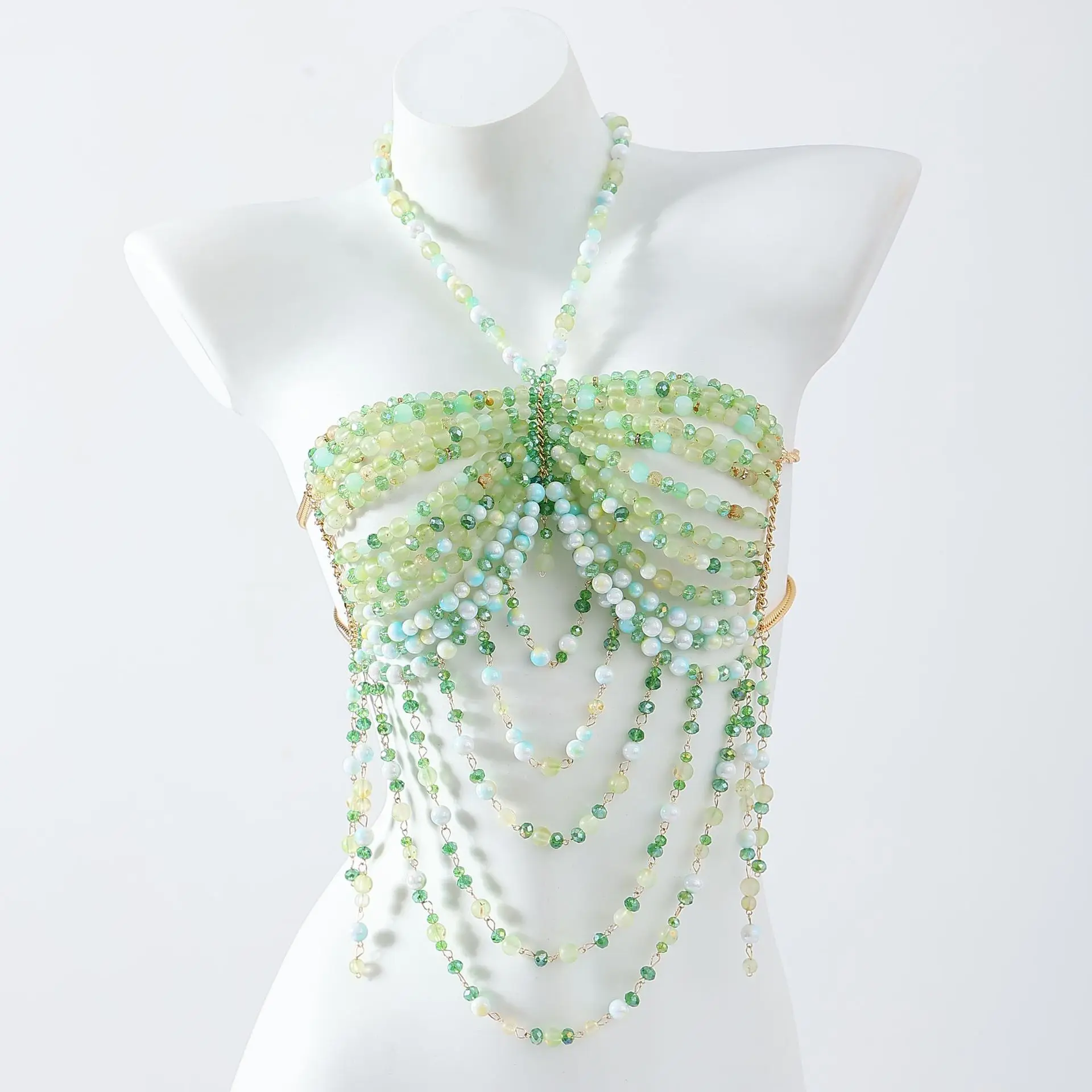 Handmade Colorful Beaded Top With Halter Neckline And Openwork Body Chain, Sexy And Colorful Beaded Bustier For Women.