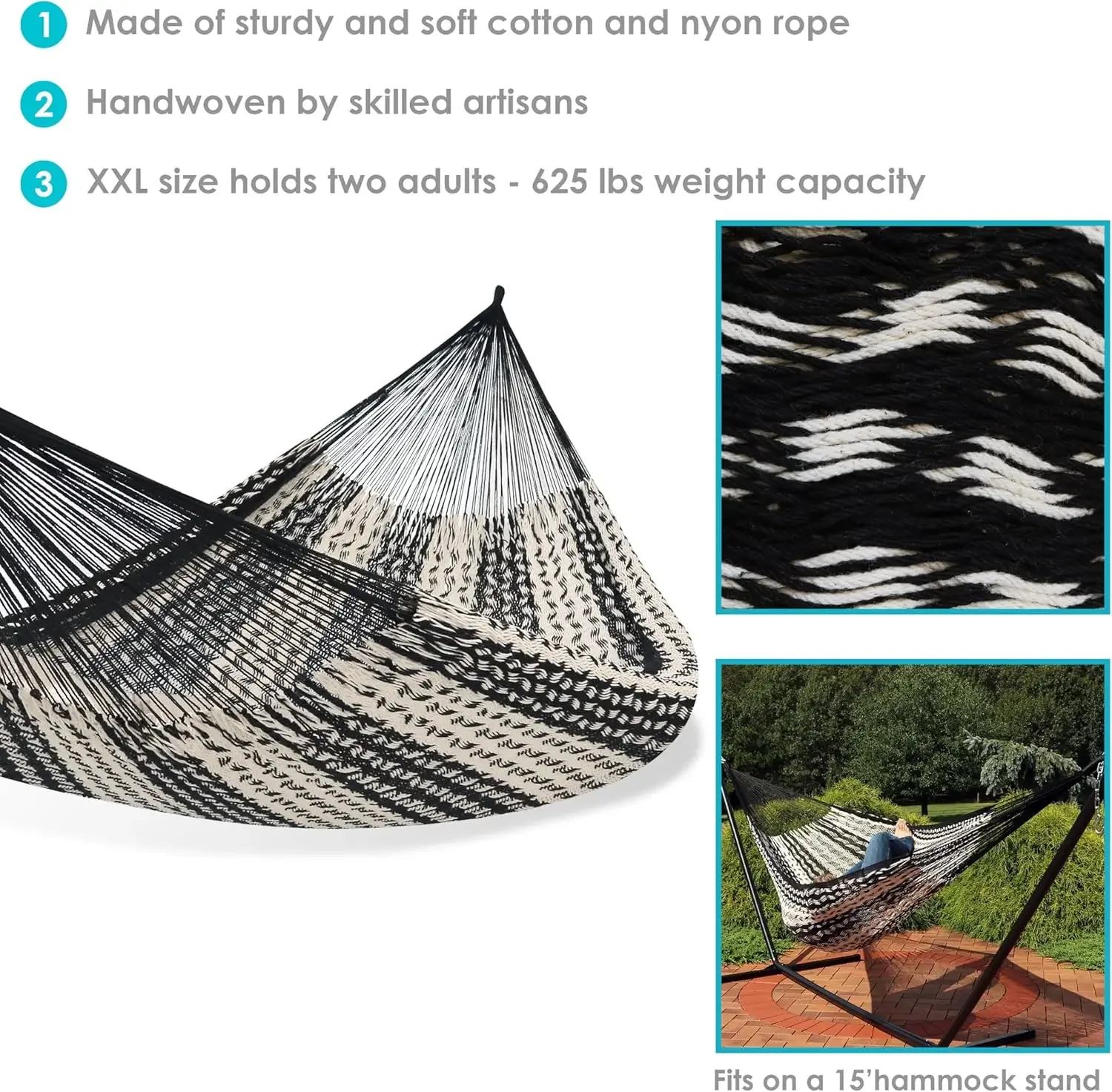 Handwoven XXL Thick Cord Mayan Family Hammock for Outside - 625-Pound Capacity - Black/Natural