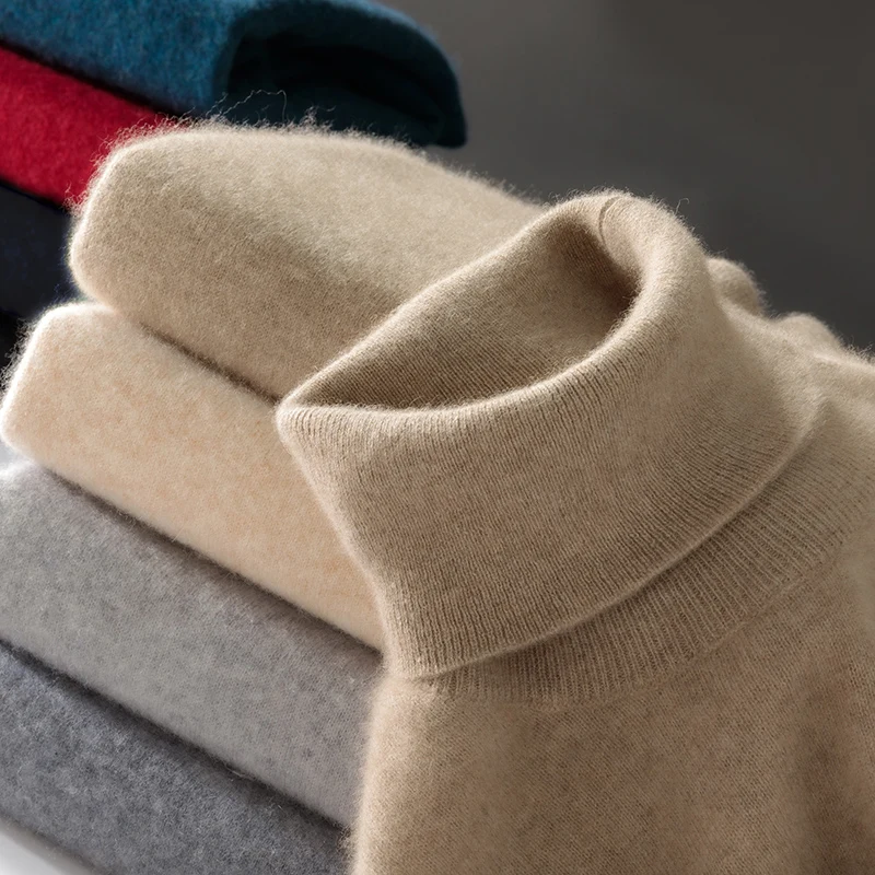 

Осенне-зимний мужской свитер из 100% чистой шерсти с высоким воротником, однотонный, вязаный, свободного кроя, больших размеров, кашемировый пуловер