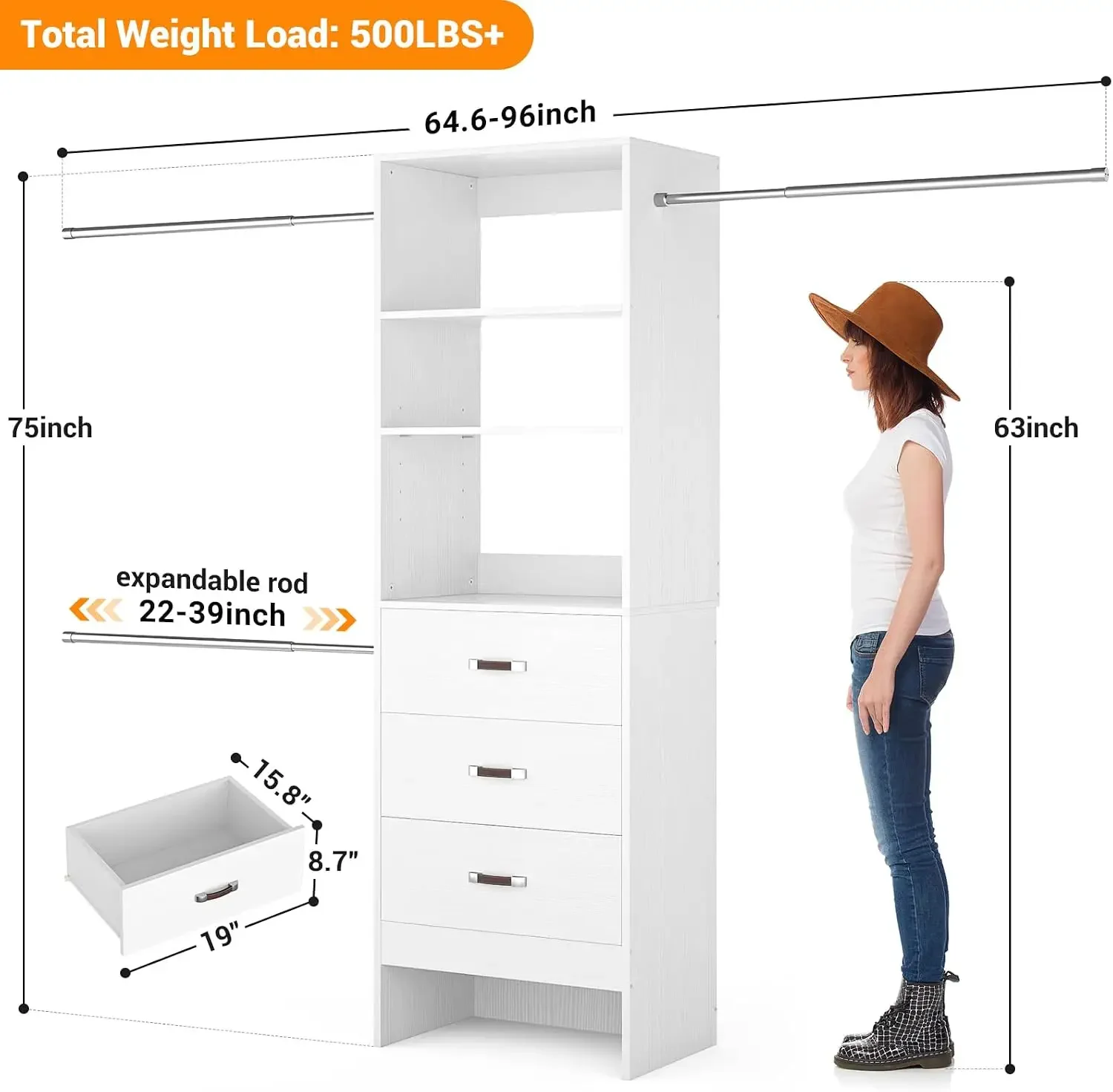 96 Inches Closet Organizer System, 8FT Customizable Walk In Closet Organizer with Hanging Rods, 3 Drawers Garment Rack with Leat