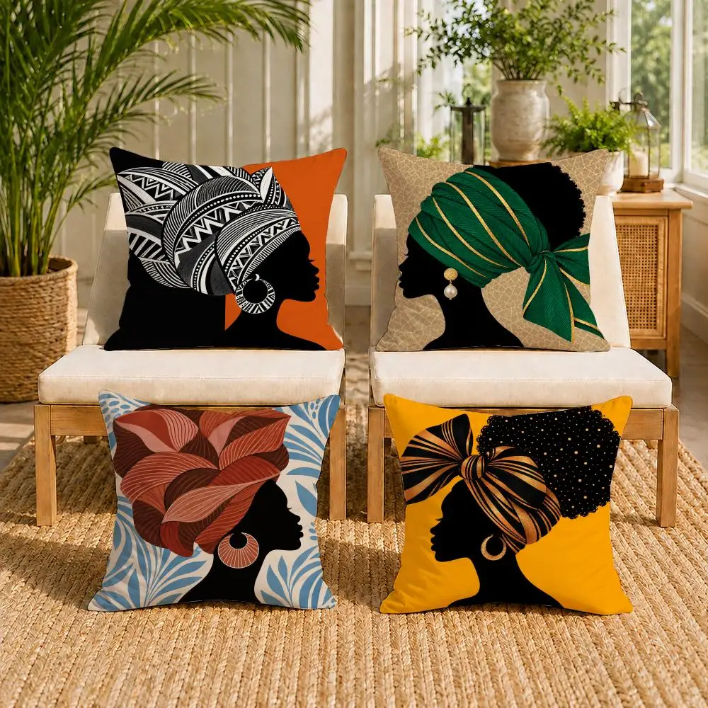 African Woman Tribal Bohemia Cushion Cover Double-Sided Plush Sofa Pillow Cases Organic Breathable Invisible Zipper