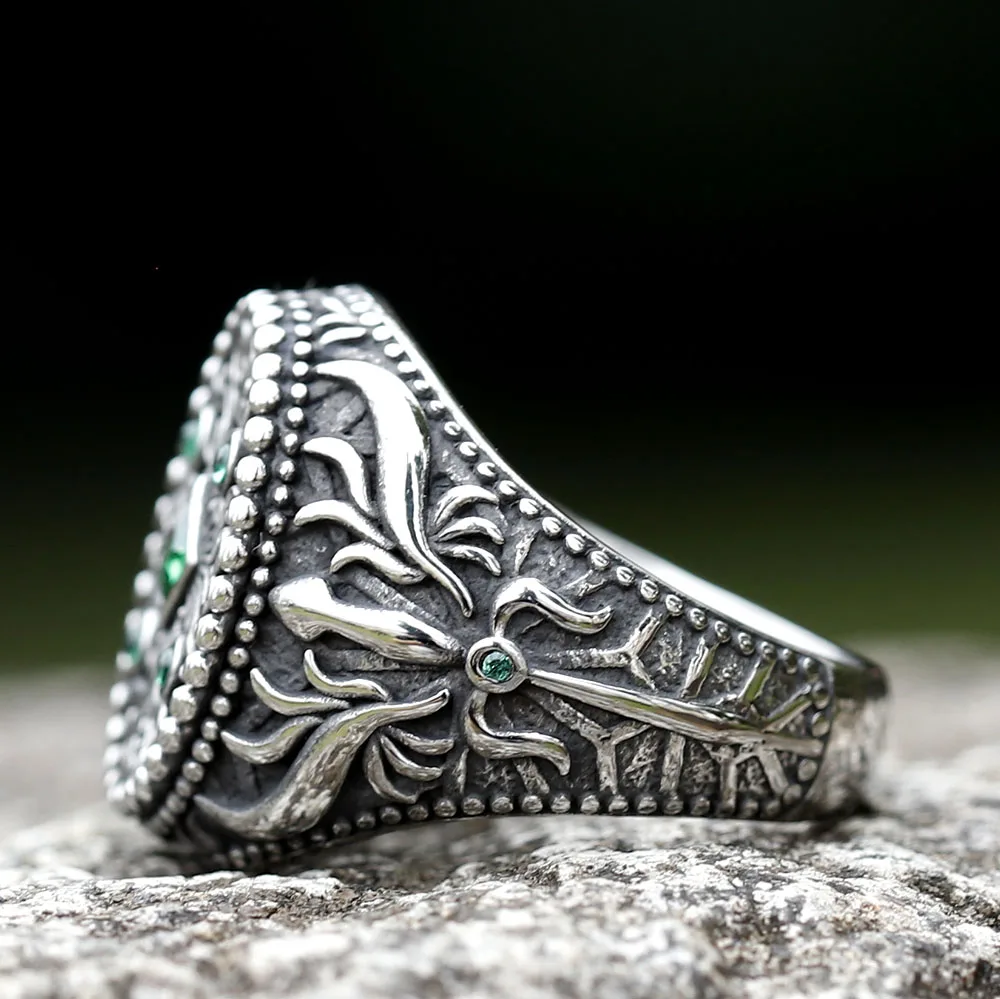 2022 New Unique Design Stainless Steel Turkish Stone Ring Vintage Pattern Men's Ring Retro National Style Jewelry Gift