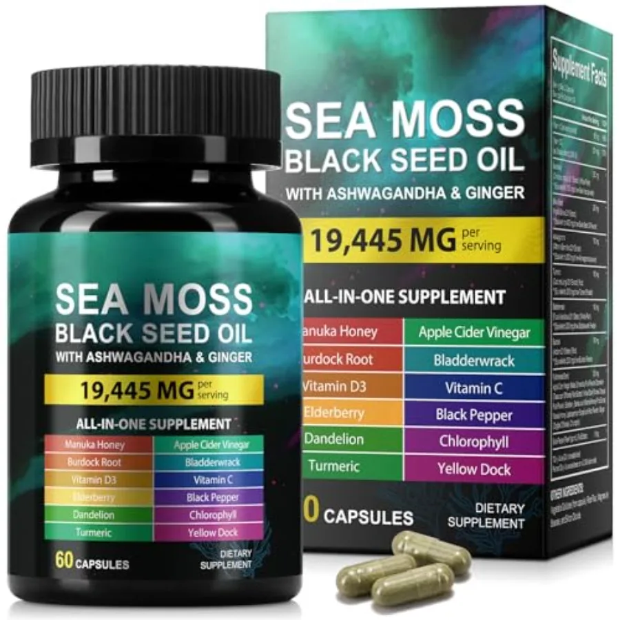 Sea Moss Black Seed Oil Ashwagandha Ginger Sea Moss Capsule Supplement with Turmeric Burdock Root Bladderwrack Vitamin C Vitami