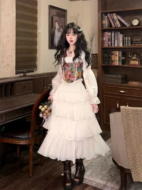 

Fake Two-Piece Design Short Top Spring New Western Style High Waist Tiered-Ruffle Long Dress Set for Women