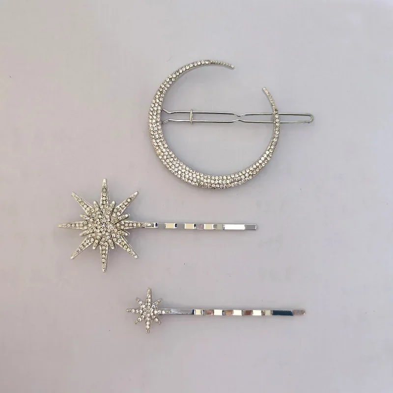 3D Geometric Stars Moon Rhinestone Hair Clip Set Silver Snowflake Star Hairpins Women Side Clip Hair Barrettes Hair Accessories