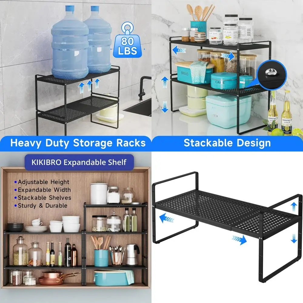 

Черная расширяемая полка-органайзер для кухни, компактная подставка для хранения на столешнице или в шкафу, 1 шт.