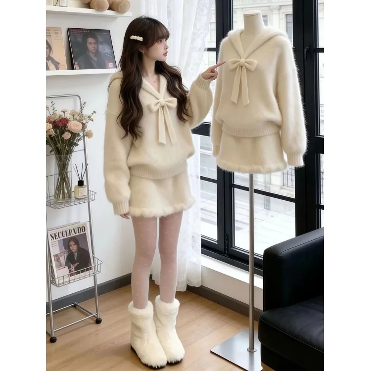 Ele الشتاء الزي المرأة الجديدة 2026 الأبيض ربطة عنق محبوك سترة وتنورة مجموعة Faionable تنفس البوليستر