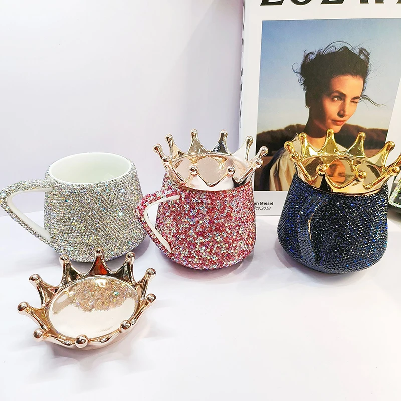 320ml Luxury Sparkling Diamond Crown Ceramic Mug Coffee Mug Milk Cup With Lid Tea Cup Self Stirring Water Drinking Bottle