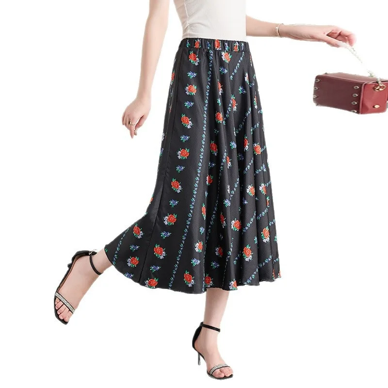 Sommer Seide Blumendruck Midirock Hohe Taille A-Linie Maxikleid Fee T Sensenwirtschaft Seide f-länge Ci Outdoor Sle