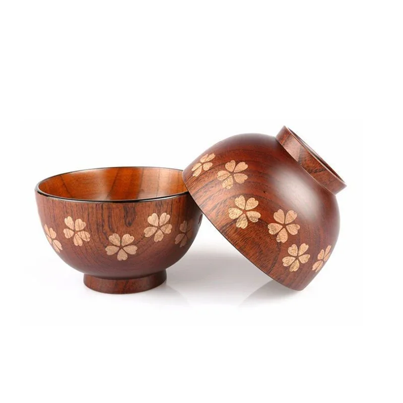 2 Pcs Japanese Style Wooden Sakura or Leaf Pattern Rice Bowl, Natural Jujube Kids Original Wood Tableware, 11.4x6.8 CM