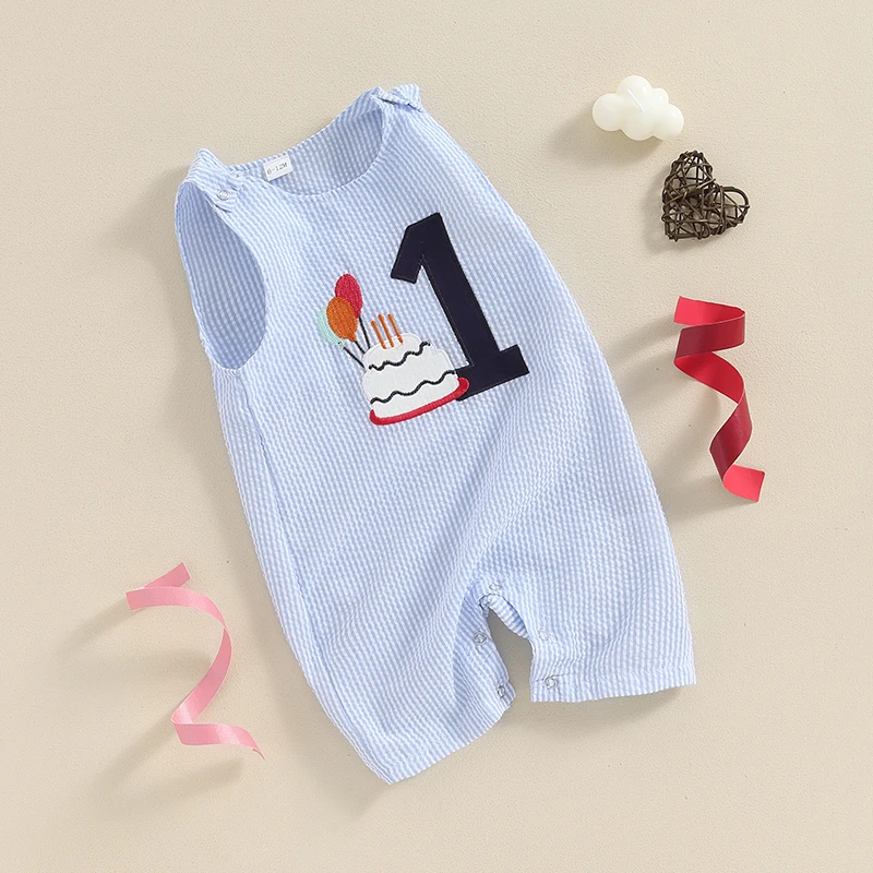 Baby Boy First Birthday Outfit Sleeveless 1st Birthday Romper Jumpsuit 1Piece Bodysuit Infant Summer Clothes