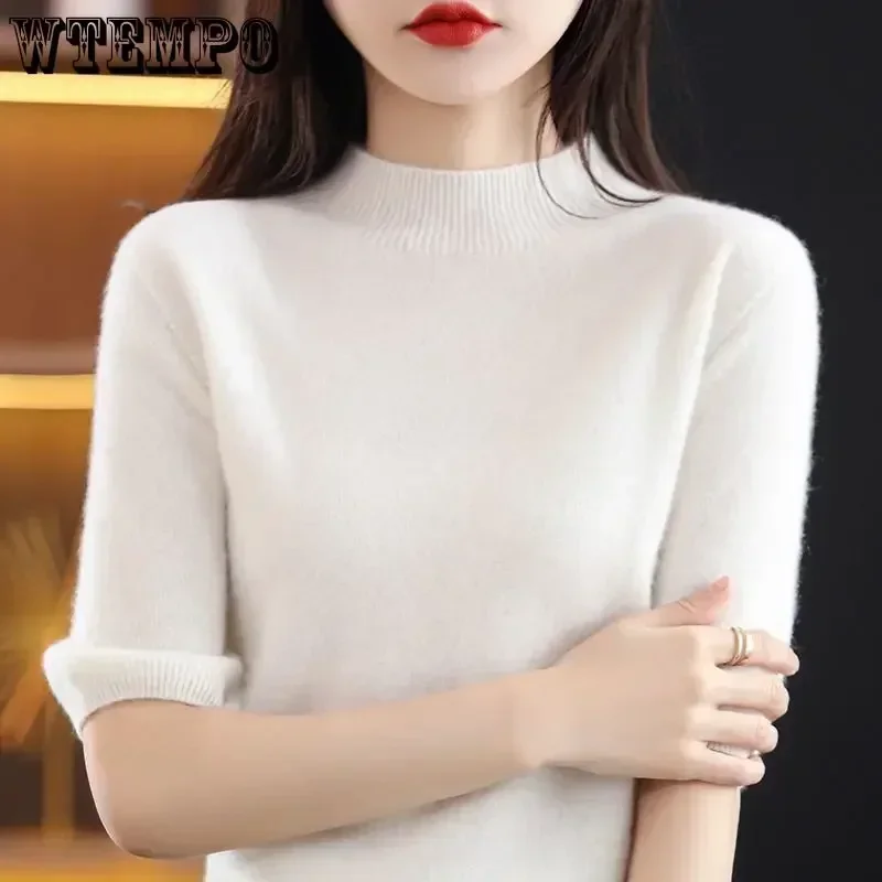 WTEMPO Knitted T-shirt Spring Summer Women\'s Half High Neck Knitwear Pullover Short Sleeve Slim Knit Tops Jumpers Sweater