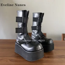 Big Round Toe Platform Black Ankle Boots Height Increasing Bandage Patchwork Slip On Sleek Modern Booty Punk Cool Dark Shoes