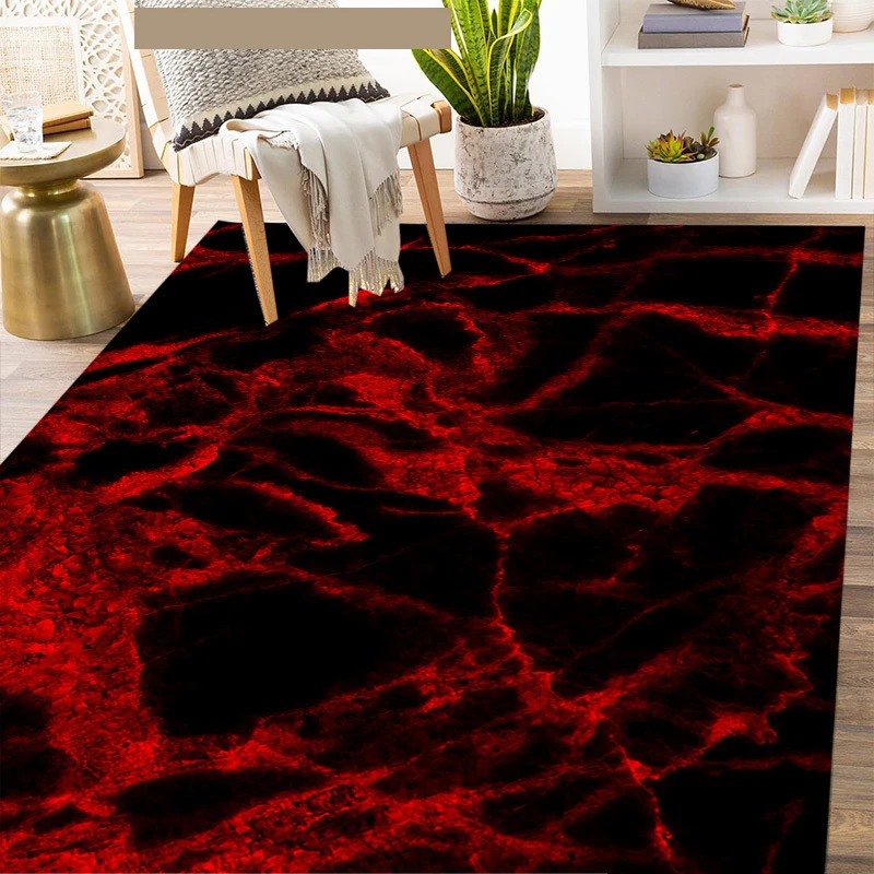 1pc Luxurious Machine Area Rug Fiber Dotted Backing Use Home Carpet Living Room Bedroom Dining Black Red Marble Texture Decor