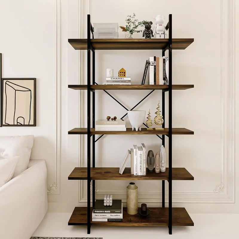 FREE SHIP.5 Tiers Bookshelf Organizer Industrial Shelf,Modern Open Display Storage ,Rustic Brown and Metal Bookshelf Stan